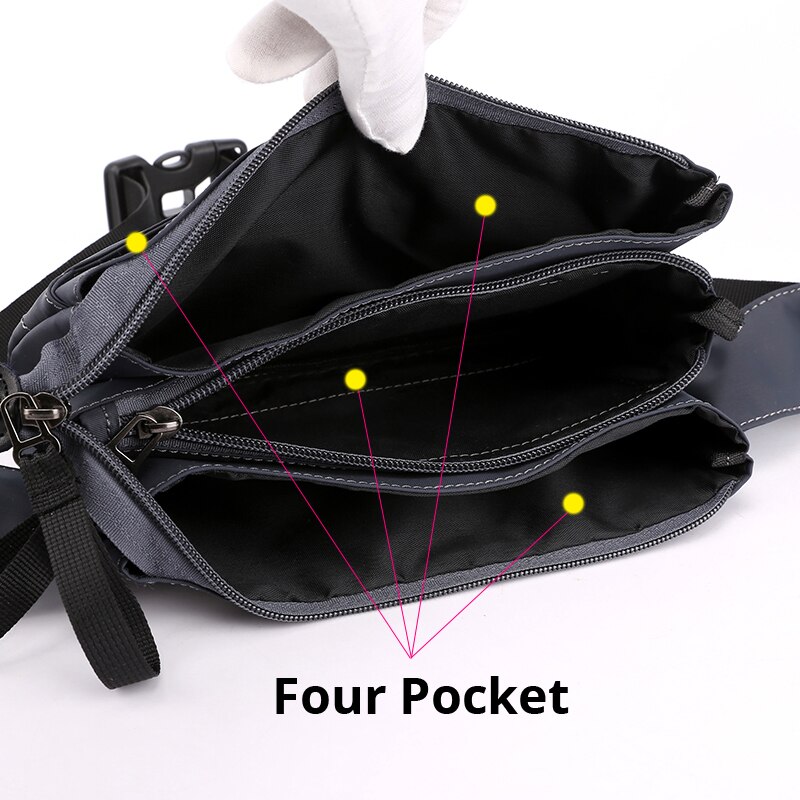 Pochete de nylon à prova d'água com 4 bolsos, bolsa de cintura masculina, simples, resistente a desgaste, preta para mulheres, pochete de celular