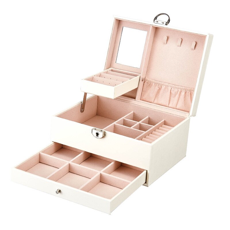 Multi-Function Storage Box Leather Jewelry Box Multi-Layer Large-Capacity Jewelry Organizer For Necklace Rings Earring: White