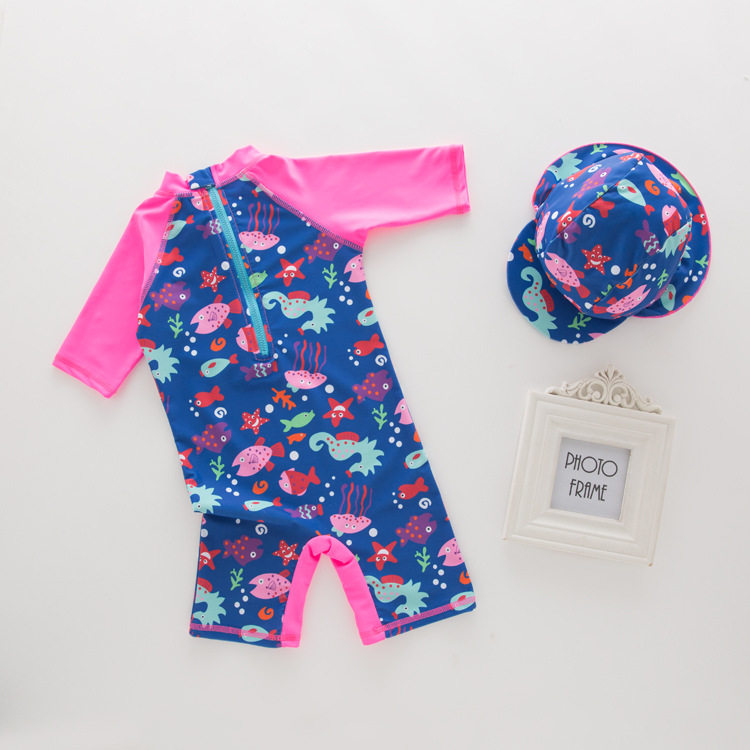 Summer Children Swimsuit Girl One-Piece Swimsuit Zipper Swim Cap Cartoon Kid Spring Swimsuit Beach Suit: 3T