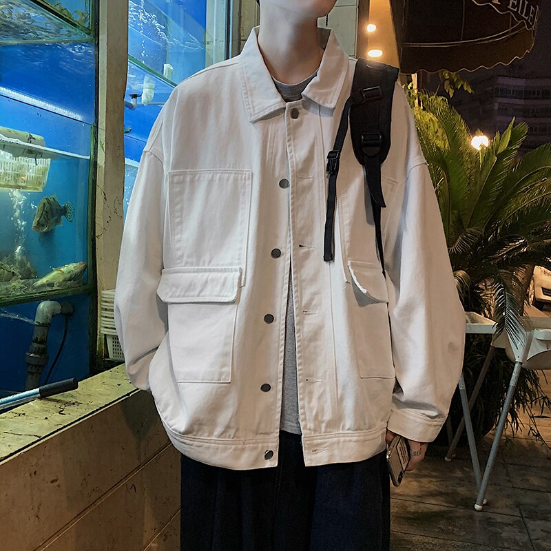 Höst män grön jeansjacka koreansk lapel långärmad vita jeans jackor man casual lös enkelknäppt svart jacka