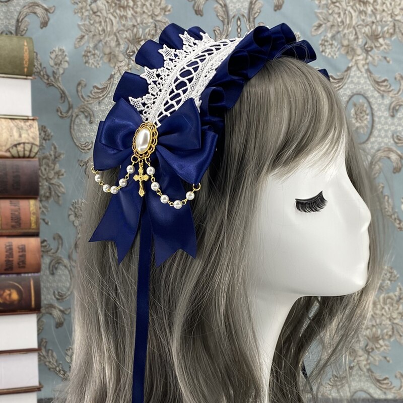Serre-tête Lolita en dentelle pour femme de chambre, serre-tête en forme de fleur, accessoire pour cheveux, fait à la main: Bleu profond