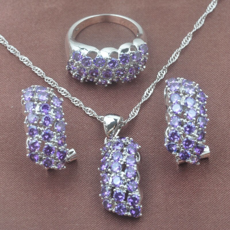 Shining Purple Cubic Zirconia Jewelry Sets Women's Silver Color Crystal Ring Necklace And Earrings Set TZ0282
