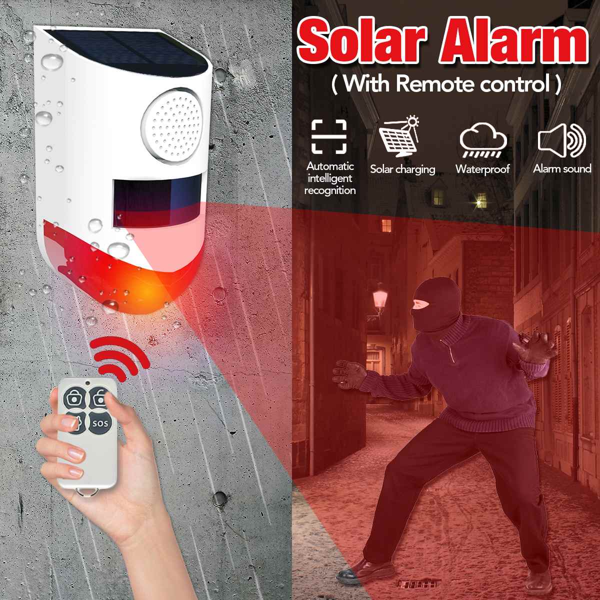Alarma Solar inalámbrica, Control remoto, lámpara de alarma de seguridad, sistema de Alarma de Sensor de movimiento IP67, Detector de sirena impermeable para patio de casa