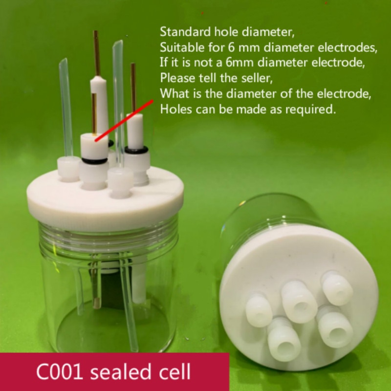 C001 sealed cell, straight five hole sealed cell, three electrode system. Electrochemical electrode.