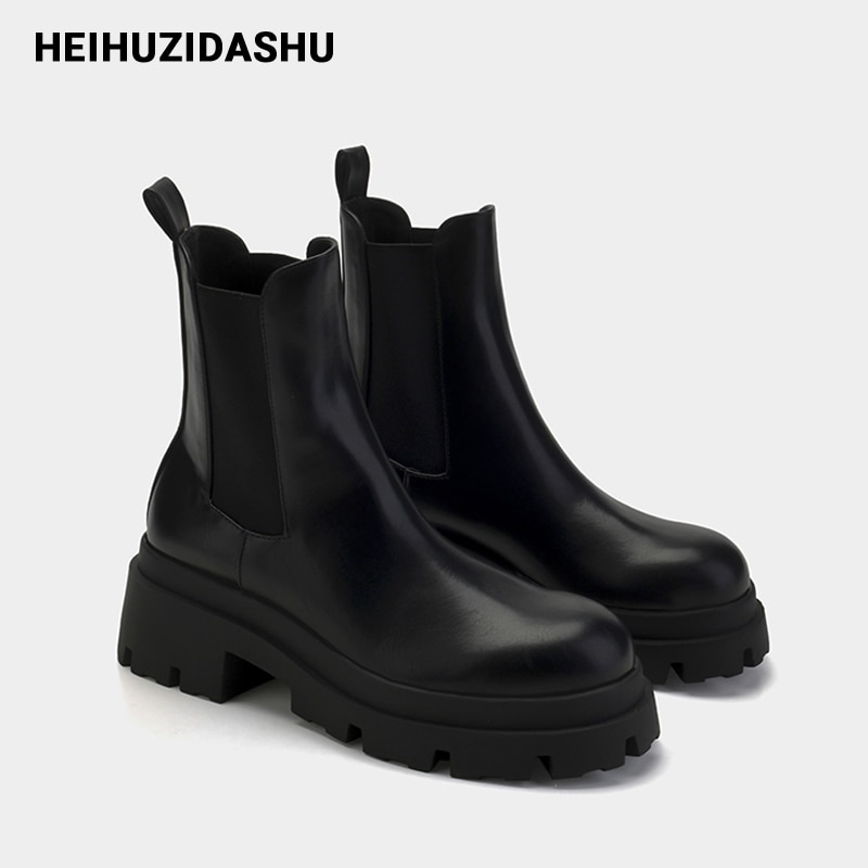 Warme enkellaarsjes met bont voor dames, instappers voor dames, chelsea boots, zwarte leren laarzen met dikke hak en plateauzool voor dames, winterschoenen
