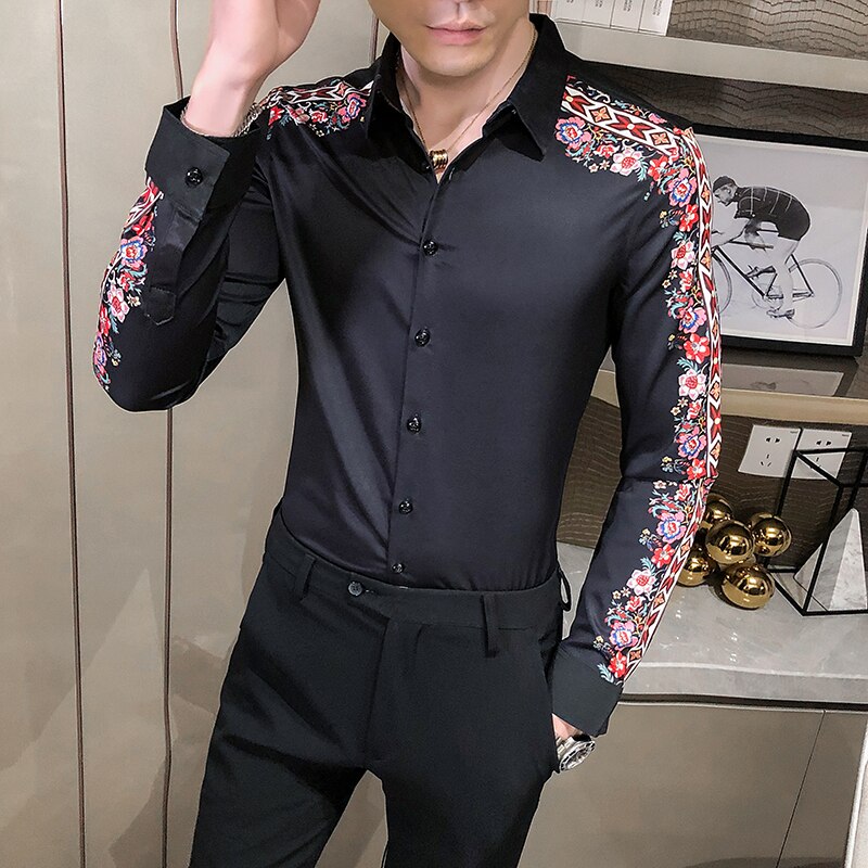 Skarva blomma skjorta tryck man camisa masculina vårmönster långärmad slim fit skjortor nattklubb chemise homme: Svart / Koreanska   l 52-60kg