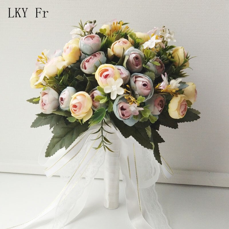 Lky fr brudebukett kunstige roser bryllupsbukett til brudepiker brud bryllup blomster brudebukett ekteskapstilbehør: Blå gul