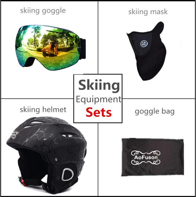 Snowboard Ski Helm Met Anti-Fog Ski Goggle Integraal Gegoten Ademend Helm Dubbele Lagen Grote Visie Skiën Goggle bril: Black Frame Gold / 58cm-62cm