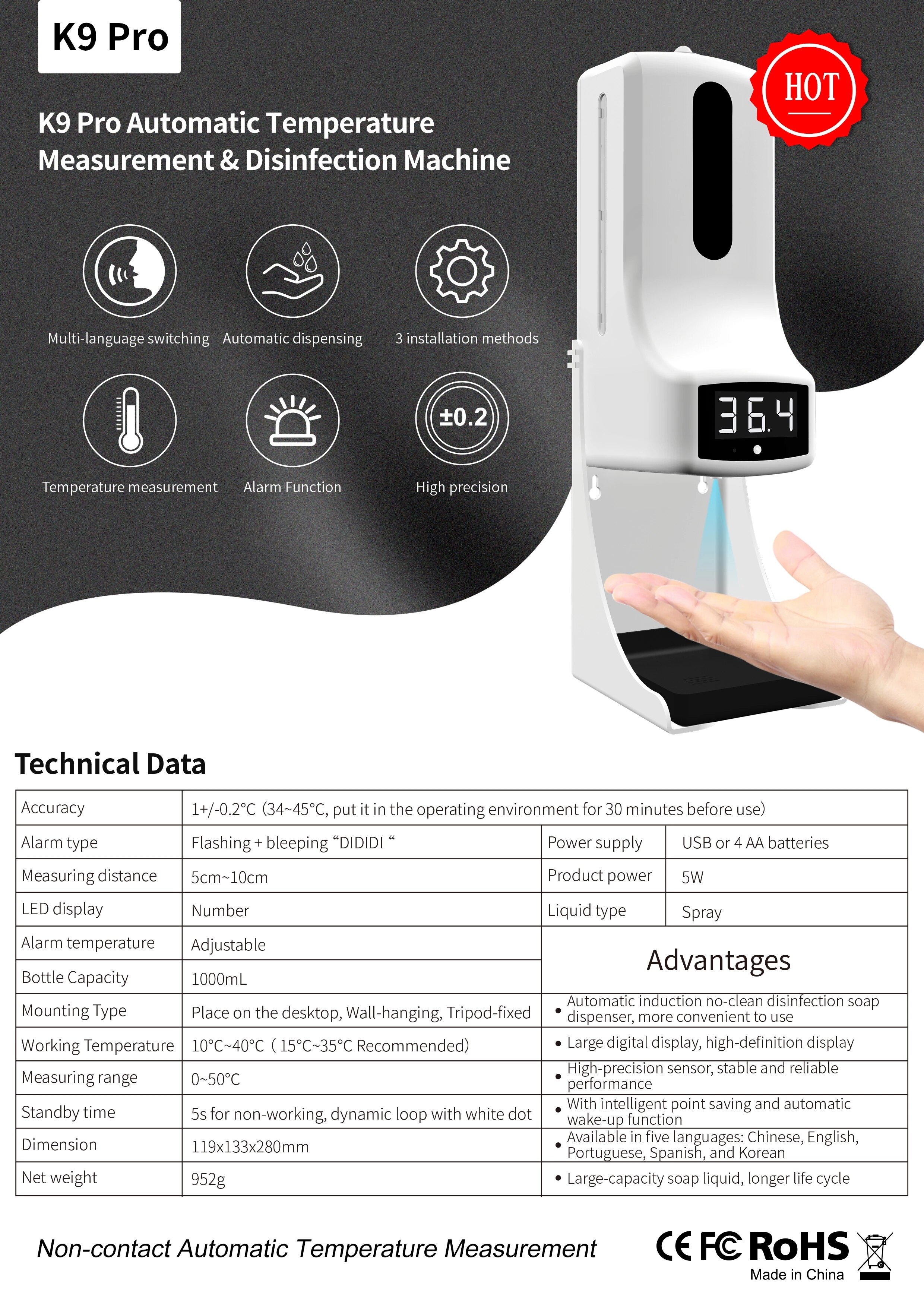 Automatisk 2 in 1 beröringsfri infraröd digital termometer med dispenser för handsprit 1000ml kapacitet automatisk vätska