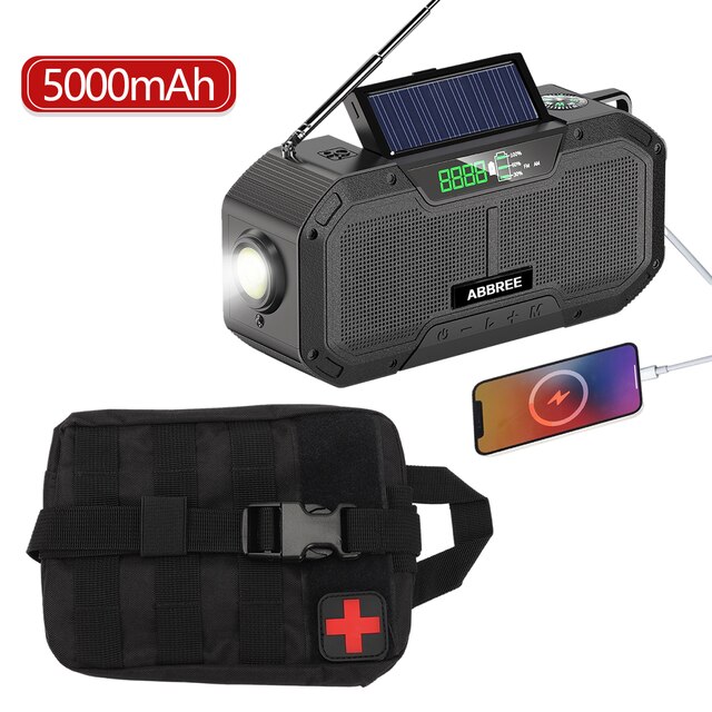 ABBREE IPX5 Waterproof Auto Scan Emergency Radio Solar Hand Crank Portable AM/FM radio 2000mAh/5000mAh with Flashlight