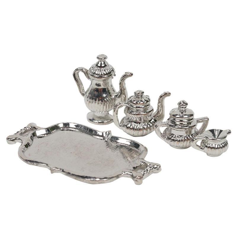 Puppenhaus Miniaturen Klassische Silber Metall Teekanne Set 1:12 Skala Teekanne Anzug Puppe Haus Küche Zubehör Kinder Spielzeug