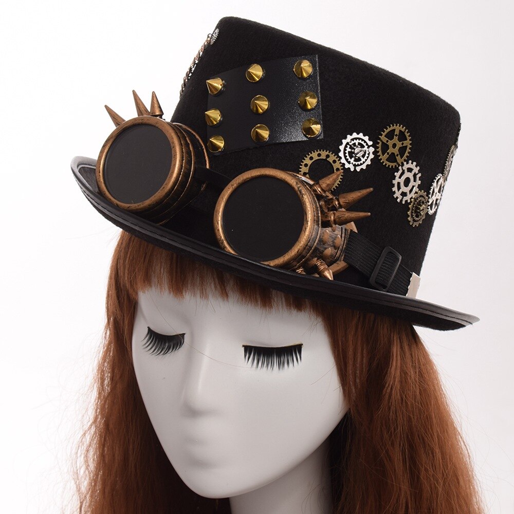 Black Steampunk Punk Hoed Met Bril Gothic Vrouwen Mannen Cosplay Klinknagel Gear Fedora Bowler