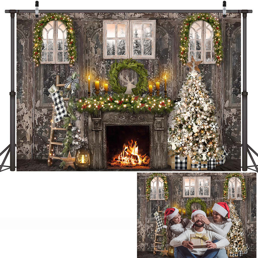 Lareira de madeira inverno foto fundo para retrato árvore de natal retro festa de inverno pano de fundo decoração janela grinalda santa presente sessão: Lavanda / 200 * 500