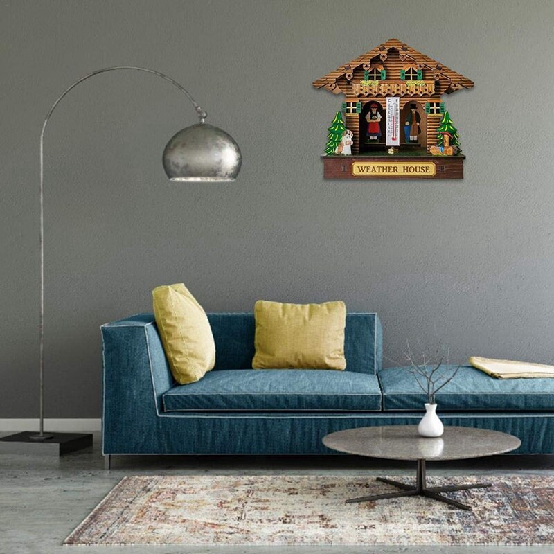 Météo maison, forêt météo maison avec homme et femme, bois Chalet baromètre thermomètre et hygromètre décoration de la maison mur Ha