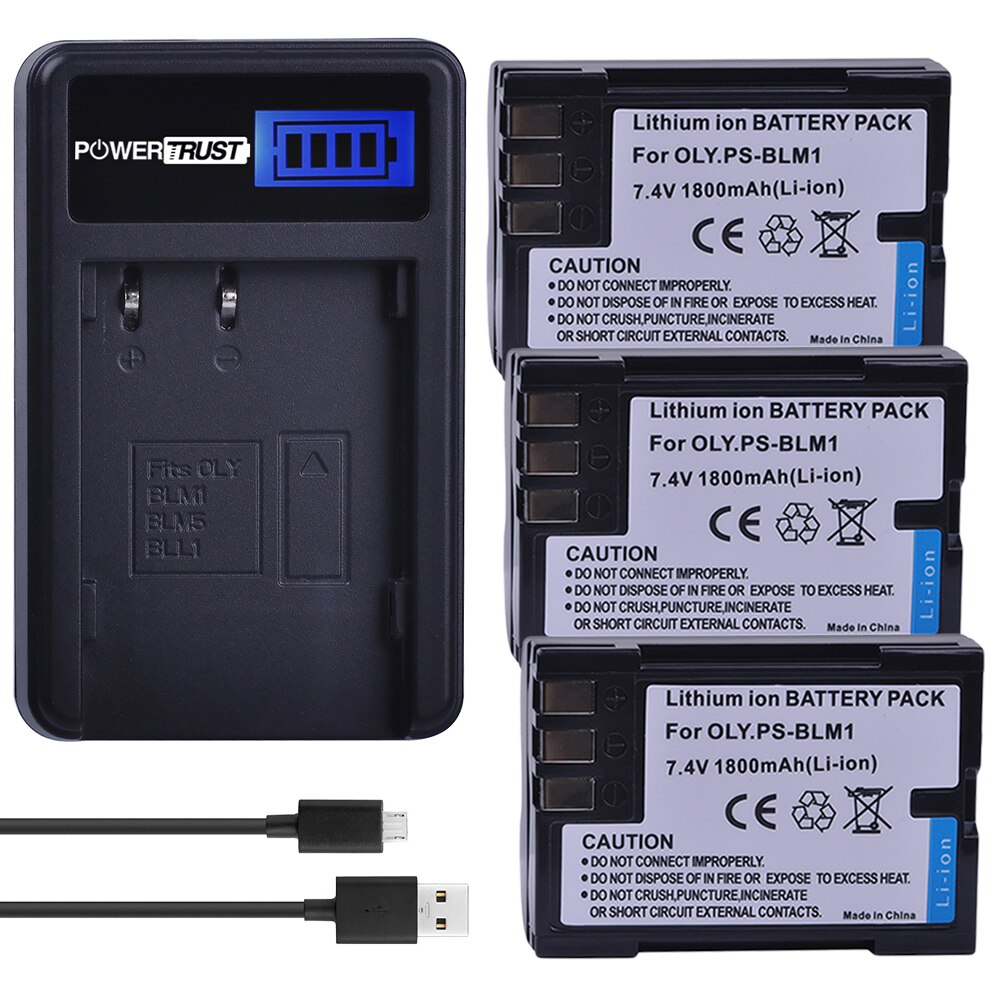 PowerTrust 2Pcs PS-BLM1 BLM1 BLM-1 Battery for Olympus C-5060, C-7070, C-8080, E-1, E-3, E-30, E-520, EVOLT E-300, E-330, E-500,: 3Battery 1Charger