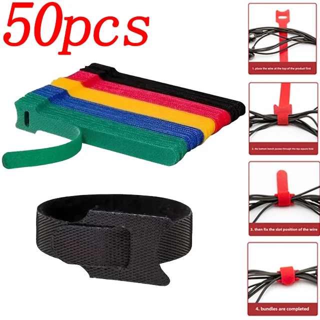 50pcs Reusable Hook and Loop Cable Ties Fastening Straps Multi-Purpose Wire Organizers for Computer/TV/Electronic Devices