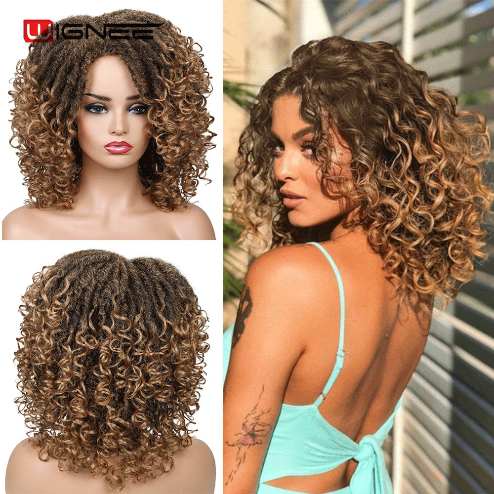 Wignee court bordeaux synthétique perruques tressage Crochet torsion pour les femmes noires Faux locs Dreadlock redoute fibre américaine cheveux perruque: Ombre Blonde