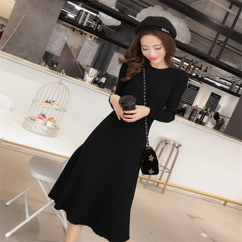 Women Spring Autumn knitted Dress simple Slim Female render Dress Temperament Long sleeve long Dresses QZ022