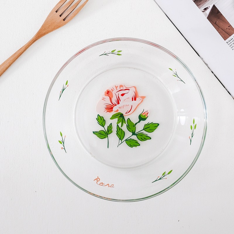 Glass Plate Floral Diner Plate Brand Deep Salad Bowl Ins Glass Bowl Dessrt Snacks Dish