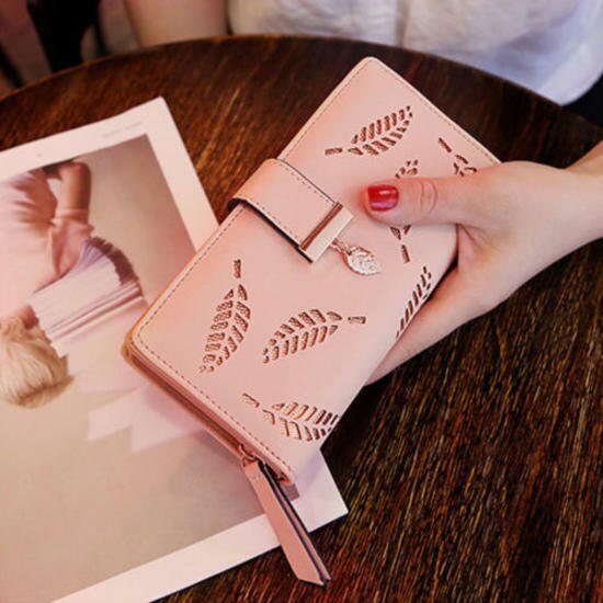 Women's Wallet PU Leather Purse Lady Girl Female Long Wallets Hollow Leaves Coin Purse Card Holder Clutch: Pink