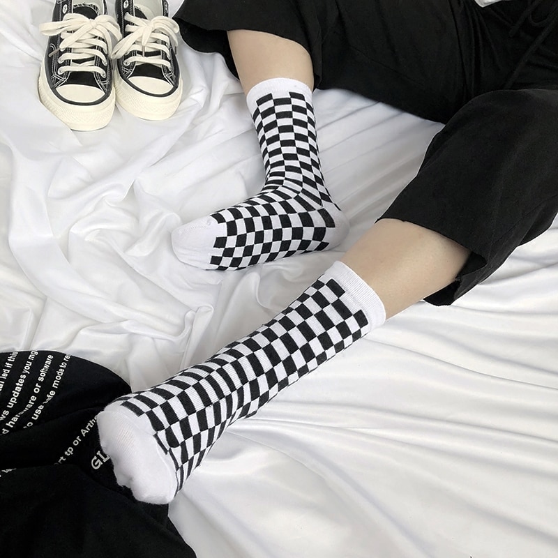 1 Pair Funky kawaii Trend Women Checkerboard Socks Geometric Checkered Socks Men Hip Hop Cotton Unisex Streetwear Novelty Socks