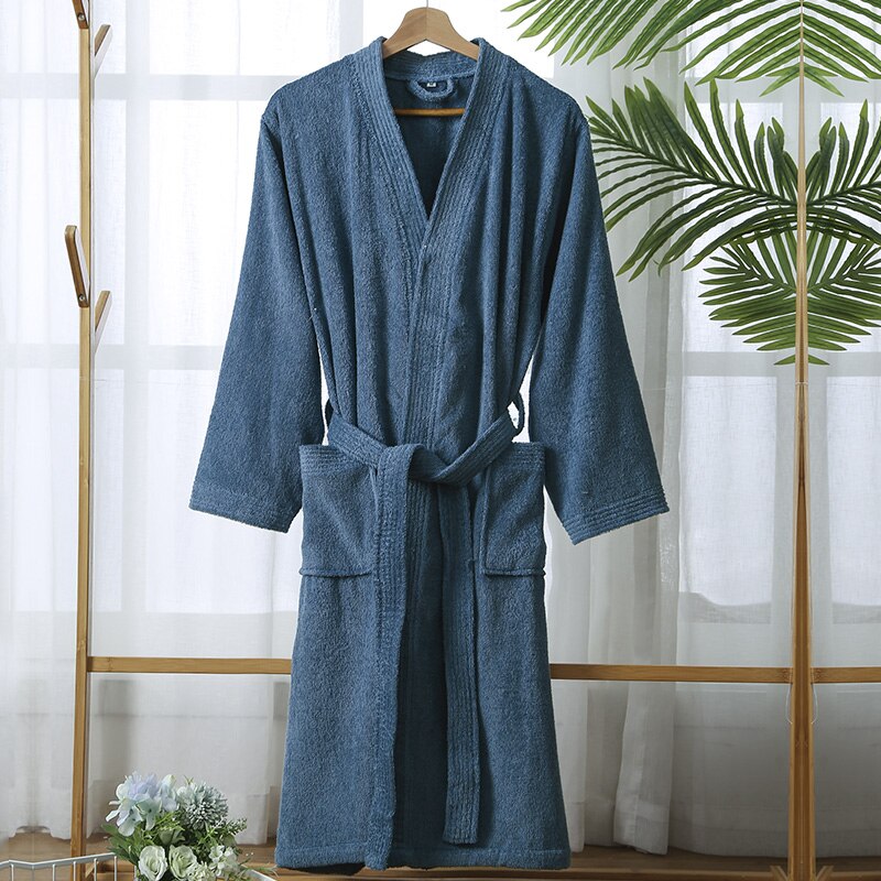 100% Cotton Bathrobe for Men Long Thick Absorbent Terry Bath Robe Kimono Men Towel Bathrobe Plus Sleepwear Women Dressing Gown: L / Blue