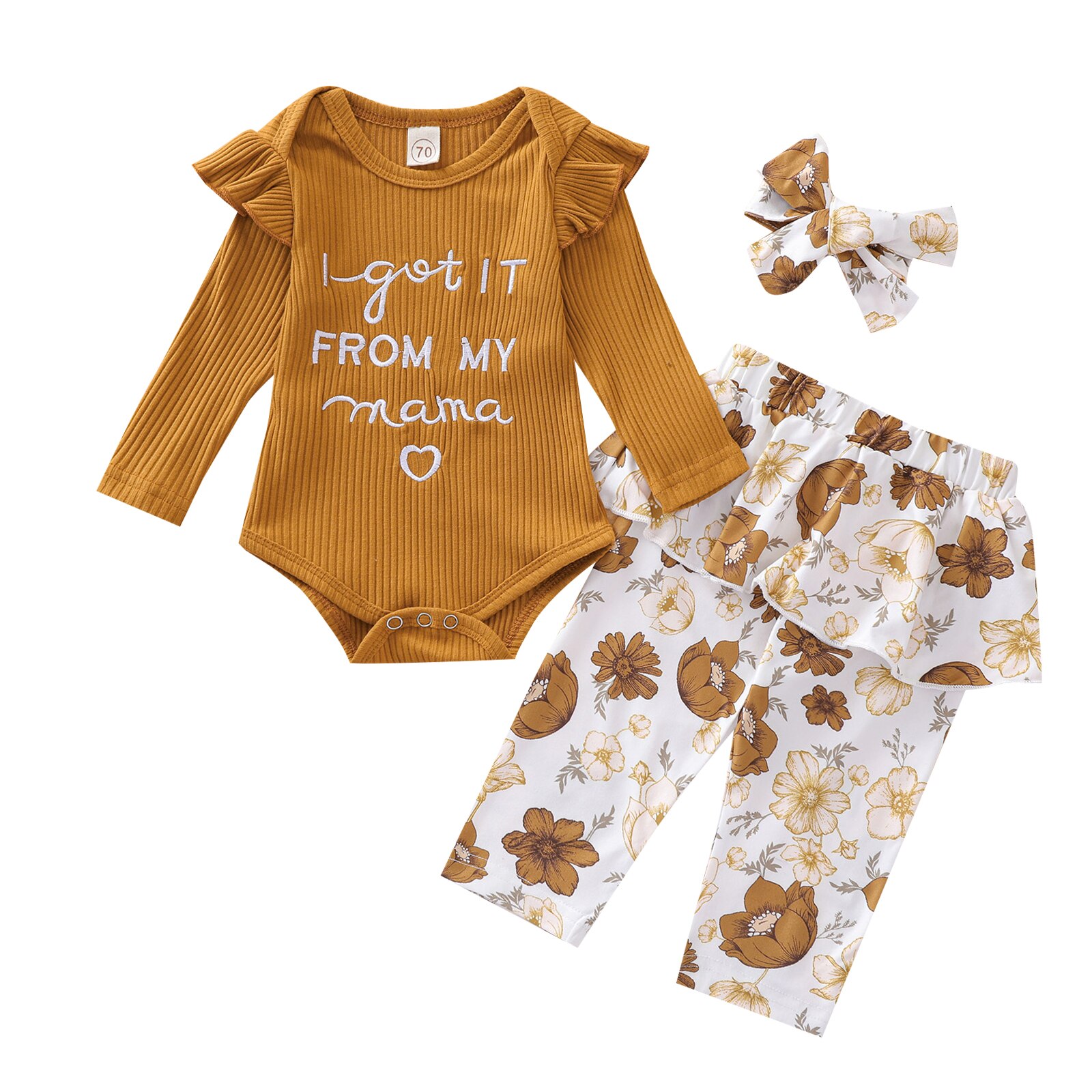 Baby Girl Top, Pants Suit, Round Neck Long Sleeve Shirt Ruffle Hem Skirt Flower Printed Loose Trousers, Headband: 1 / 12M