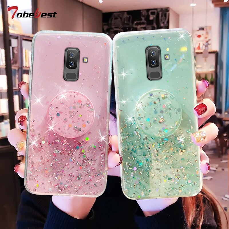 Handyhülle mit silberner folie für samsung Galaxis  a6 a8 Plus, glitzernde, weiche silikonhülle mit ständer