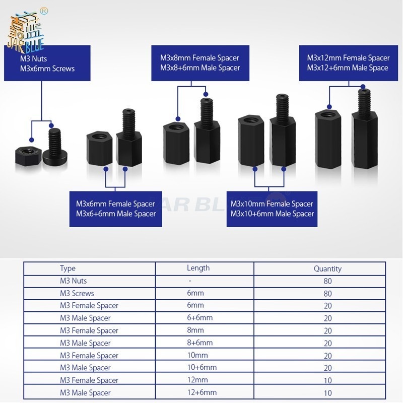 300Pcs M3NH1 M3 Nylon Schroef Wit/Zwart Hex Nylon Standoff Spacer Kolom Platte Kop Nylon Plastic Afstand Schroeven noten