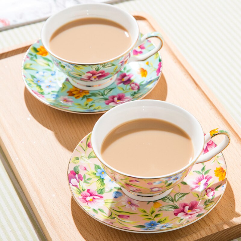 British Style Flower Bone China Coffee Cup and Saucer Set High-end Afternoon Tea Pastoral Style Flower Tea Cup