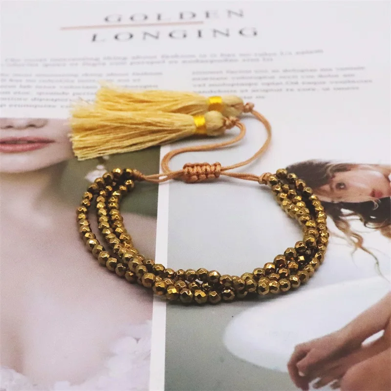 ALIYA Hematite Stone Bracelets For Men Women Jewelry Multilayer Beaded Pulsera Luxury Adjustable Jewellery Tassel Bracelet