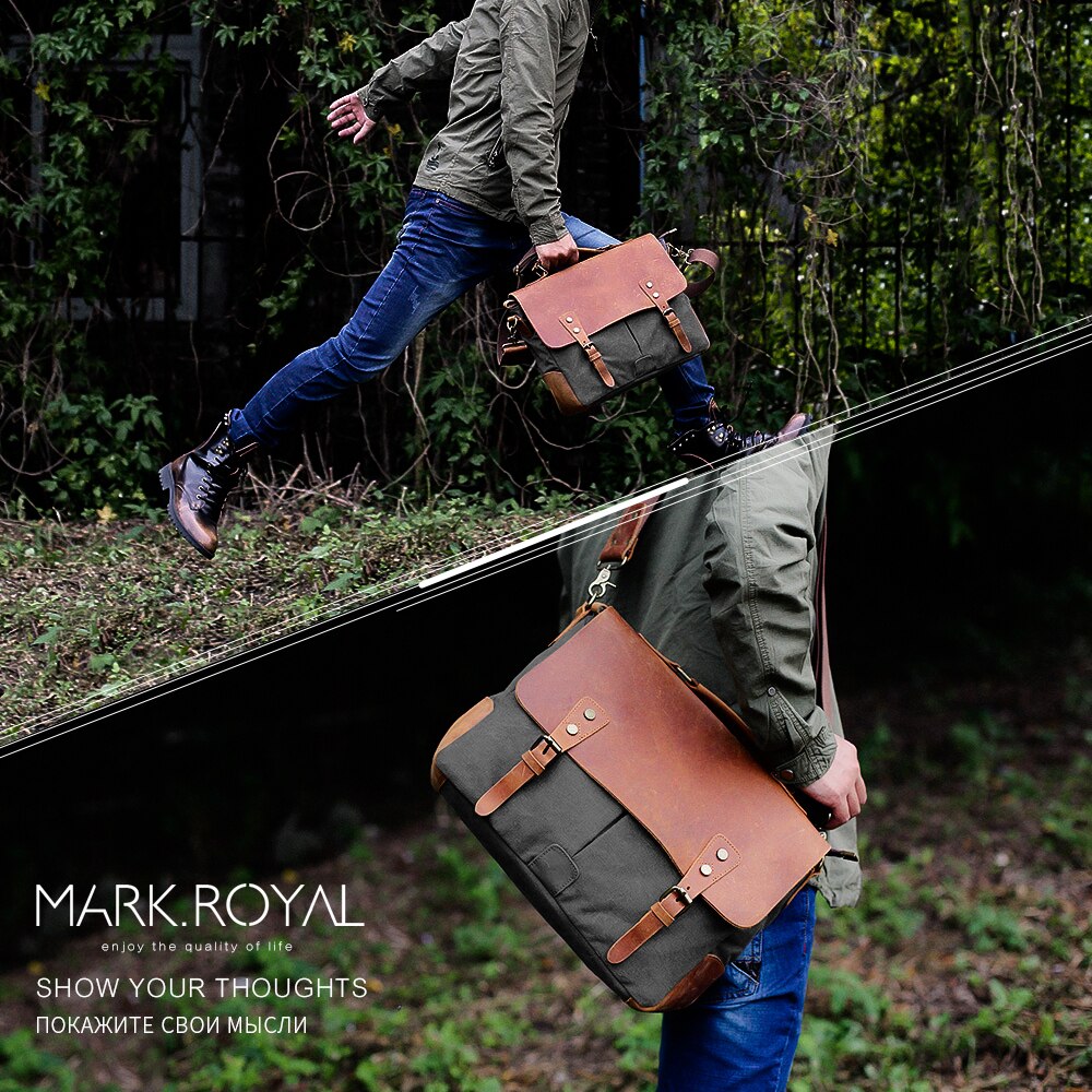 MARKROYAL Vintage Crazy Horse cuero lona bolsas de mensajero maletín para ordenador portátil bolso cruzado