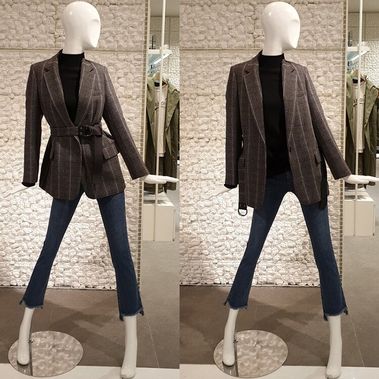 Blazer en vichy Chic à carreaux avec ceinture, manches longues, costume mi-longues pour femme, de bureau, printemps-automne coréen, collection