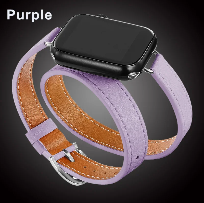 Läderarmband för apple watch-band ultra 2 49mm 40mm 41mm double tour 45mm 42mm 44mm för iwatch-serien 9 8 7 6 se 5 4 3 26 38mm: Rökig lila / 14mm
