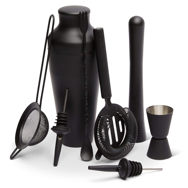 CocktailShaker 750ml Black Color 9 PCS Bar Set household party etc Color Shiny Stainless Steel Boston Cocktail Shaker Set: Black