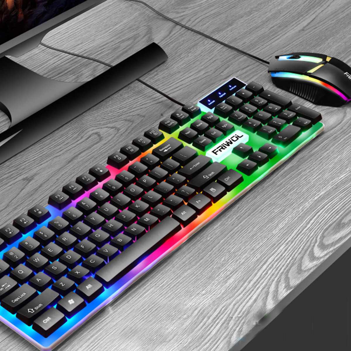 1000DPI USB Wired Rainbow Backlight Keyboard Mouse Set Mechanical for PC Laptop Desktop Gaming Stylish Ergonomic Combo: Black