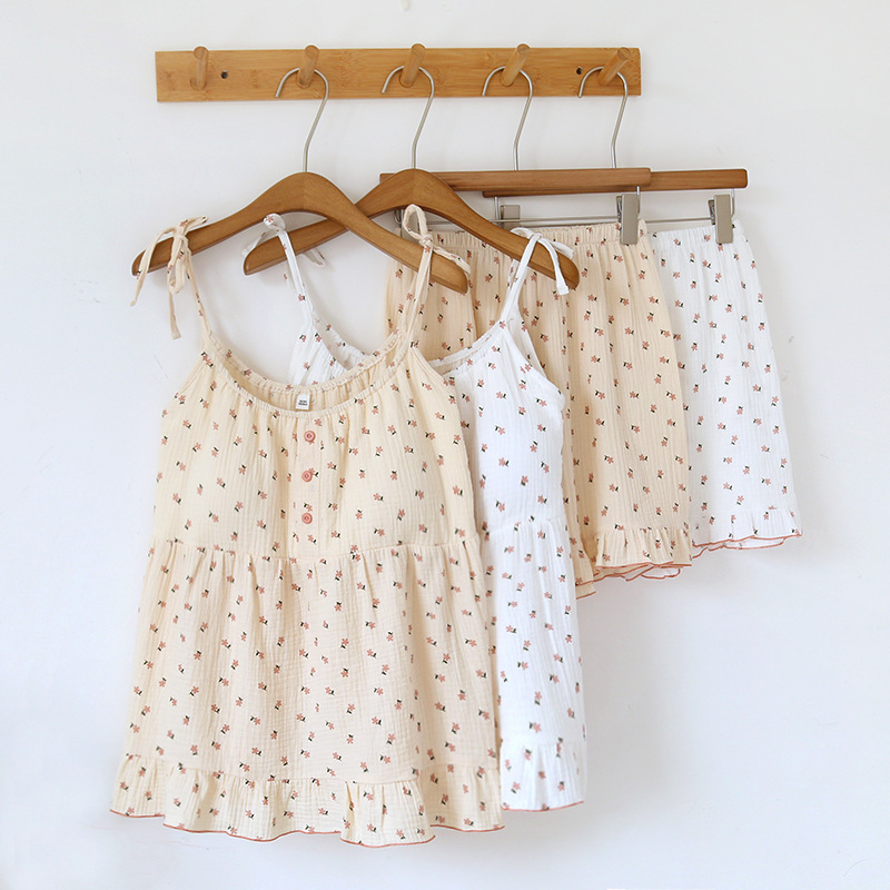 Japanese Summer Women's Pajama Set 100% Cotton Crepe Cloth Ladies Suspender+Shorts Two Piece Home Furnishing Set