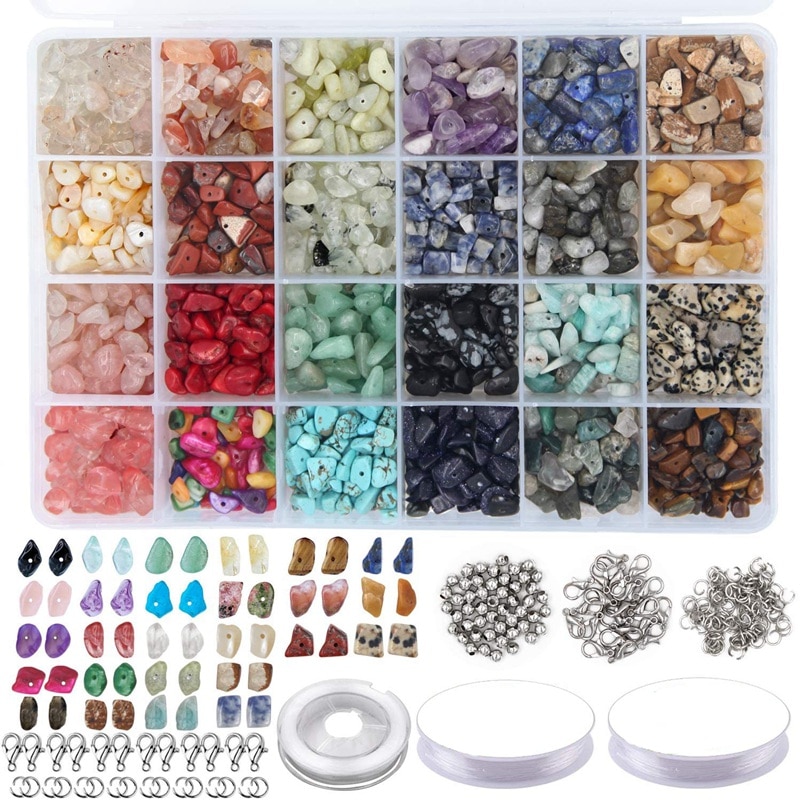 1323 Uds. Kit de cuentas de piedras preciosas irregulares con cuentas espaciadoras cierres de langosta anillos de salto elásticos para suministros de joyería DIY: Default Title