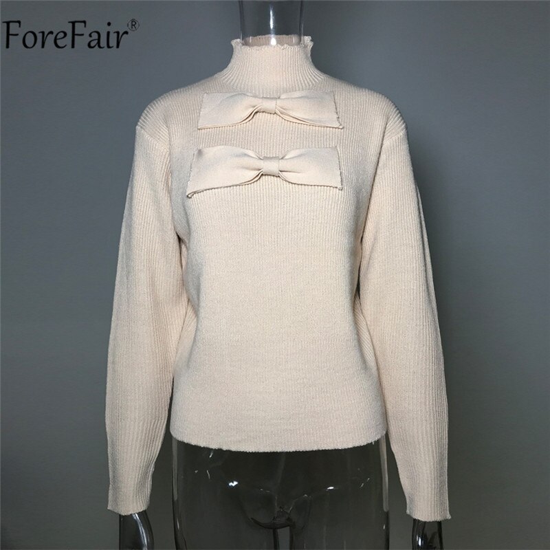 Forefair Vrouwen Boog Coltrui Casual Zwart Herfst Winter Gebreide Dames Trui Warm Solid Trui