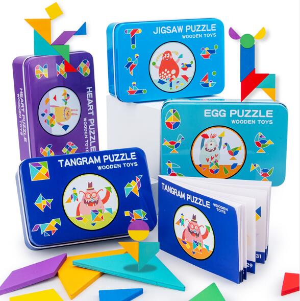 Houten Creatieve Iq Tangram Puzzel Logic Educatief Puzzels Game Speelgoed Met Handmatige Ijzeren Doos Voor Kids