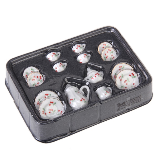 15pz Dollhouse miniatura Sala merce Tè in Porcellana impostato Tazza Piatto Piatto Rosso Ciliegia