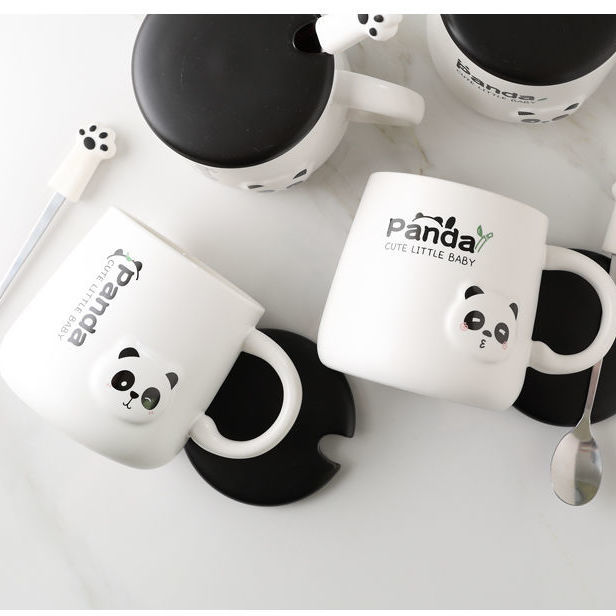 380ml Cartoon Panda Ceramic Mug Glass Cute Couple Cup Coffee Milk Cup Office Cup with Lid Spoon Girl