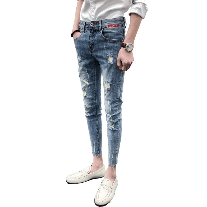 Atacado 2021 calças de moda masculina casual estudantes da escola rasgado apertado cowboy denim jeans men stretch adolescente calças para homens