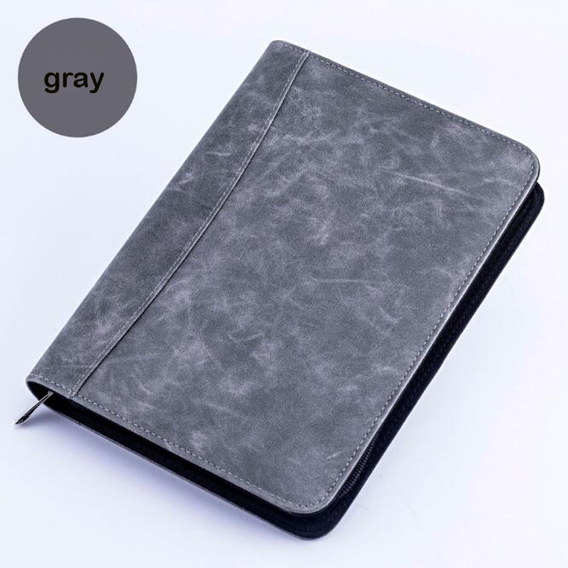 A5 padfolio med lommeregner lynlås binder notesbog pu læder mappe mappe spiral rejse notes bog: Grå