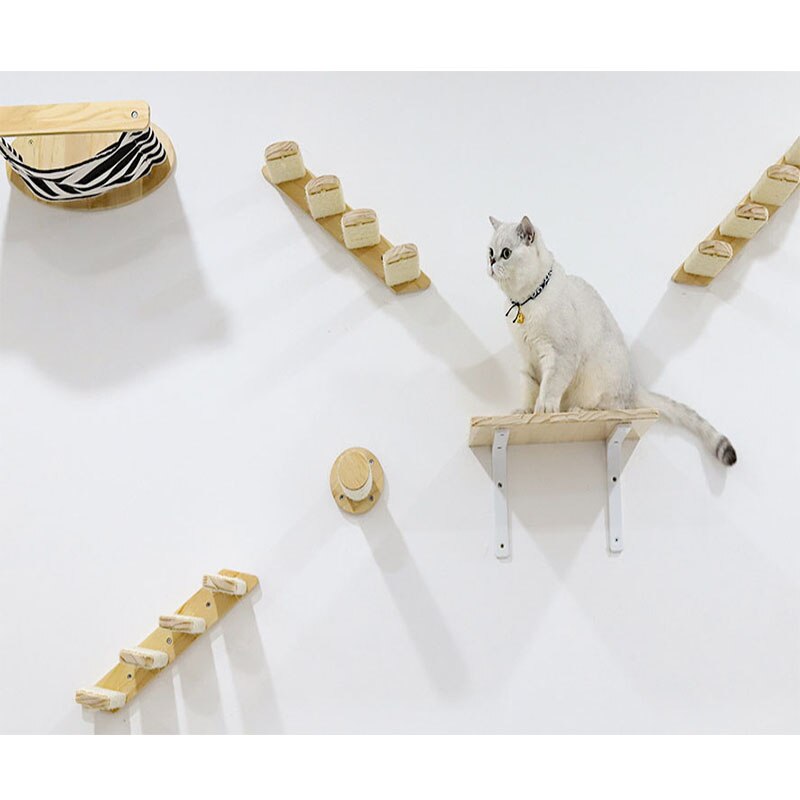 DIY Wooden Cat Climbing Wall Set Canvas Nest Wall Hanging Cat Scratch Column Wall Mounted Stairs Cat Climb Wall Furniture