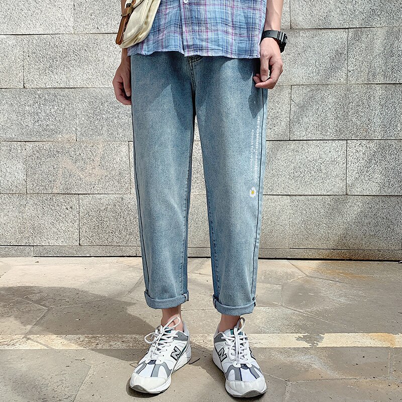 Singleroad heren jeans oversized wijde pijpen print broek japanse streetwear heren denim broek casual jeans voor heren: Blauwe spijkerbroeken voor mannen / Aziatisch-xl(eur m)