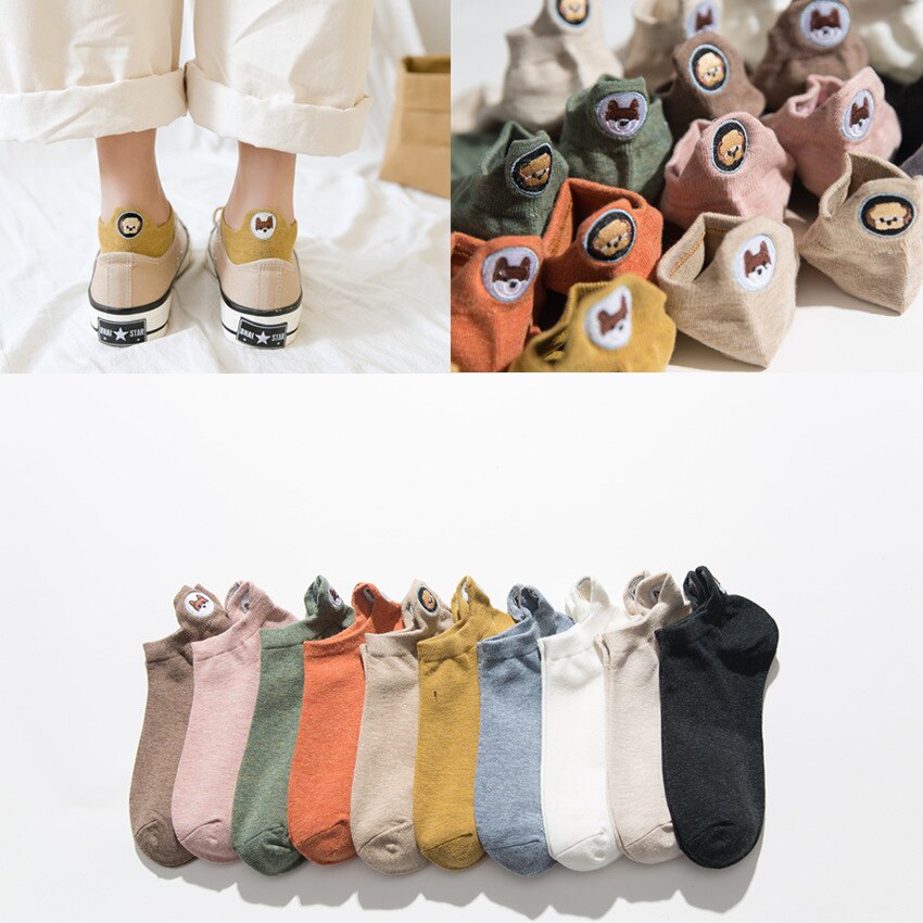 2020Socks children's left and right feet embroidery dog boat socks women's college wind spring socks cotton cartoon products