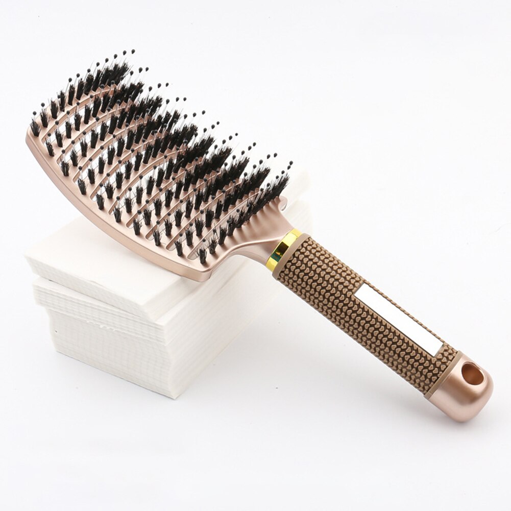 Cepillo de pelo de jabalí, peine de pelo curvado con ventilación, cepillo para desenredar el cabello grueso, masaje, cepillo de secado, peine de arbusto para el cabello: golden