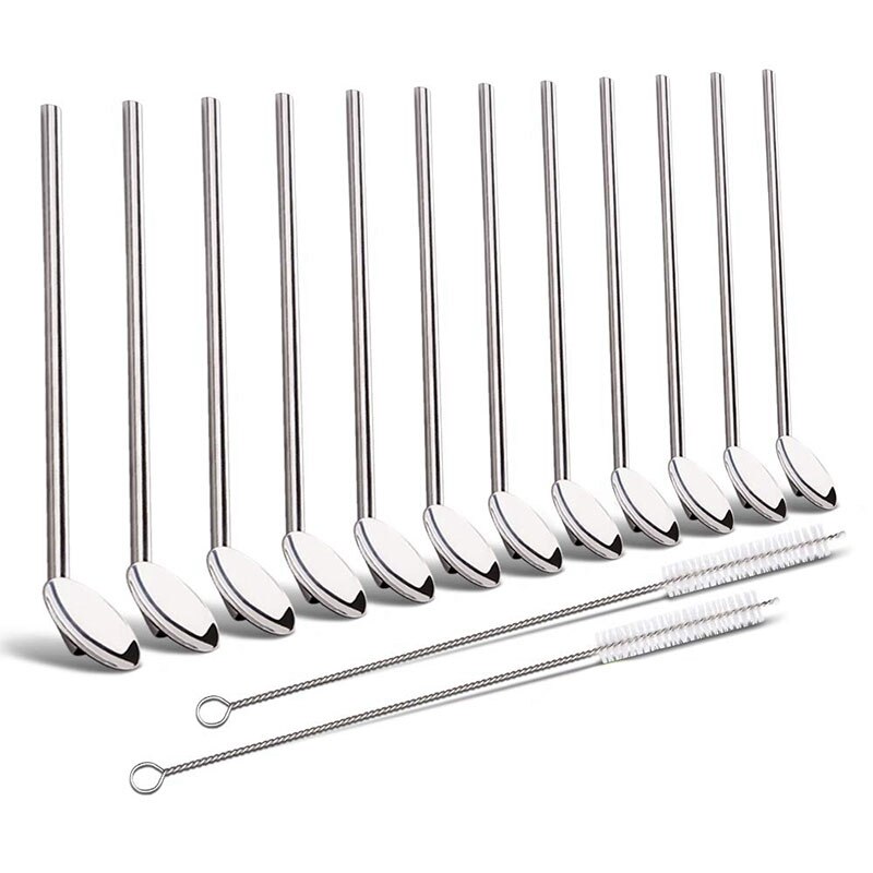 Herbruikbare drinkrietjes ,12- pack roestvrijstalen rietjes 8 inch ultra lange roestvrije drinklepelrietjes met 2- pack lange schone