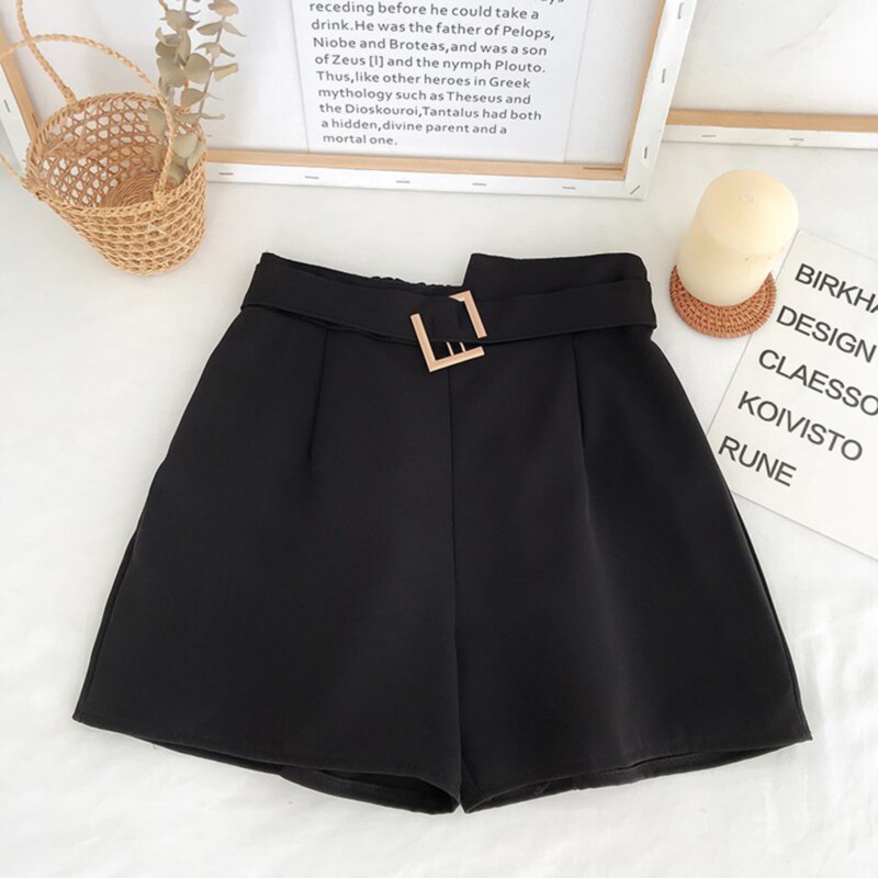 Coréen bref femmes Shorts jambe large avec ceinture noir costume Shorts solide élastique taille haute jaune 5 couleurs